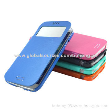 Original Imitated PU Grain with Drawing Line Grain PC Bottom Mirror Folio Cases for Samsung S4